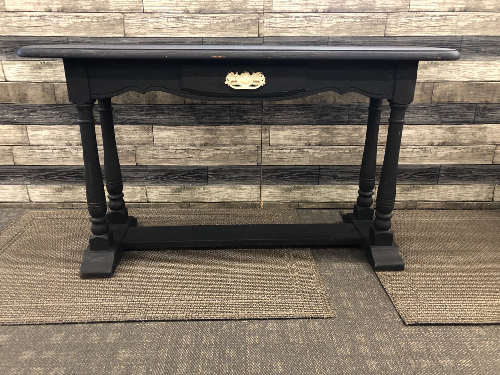 BLACK MATTE PAINTED WOOD LONG TABLE W/ DRAWER WHITE PAINTED HARDWARE.