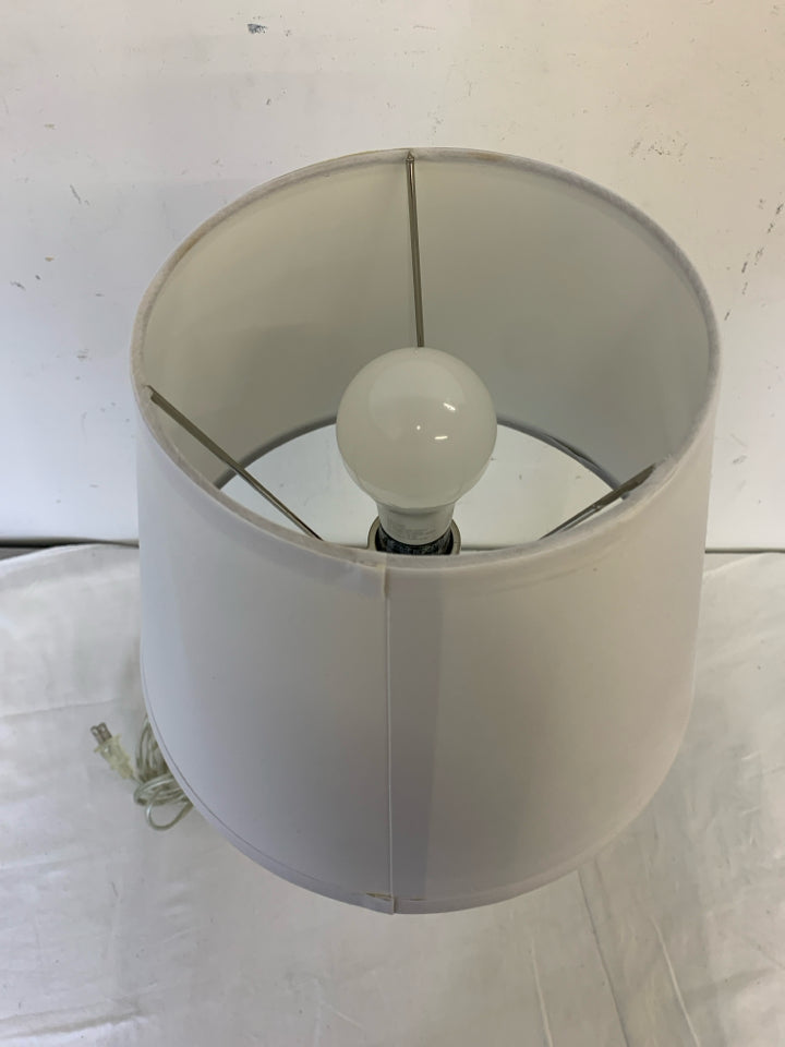 SILVER PLASTIC BASE LAMP W/WHITE SHADE.