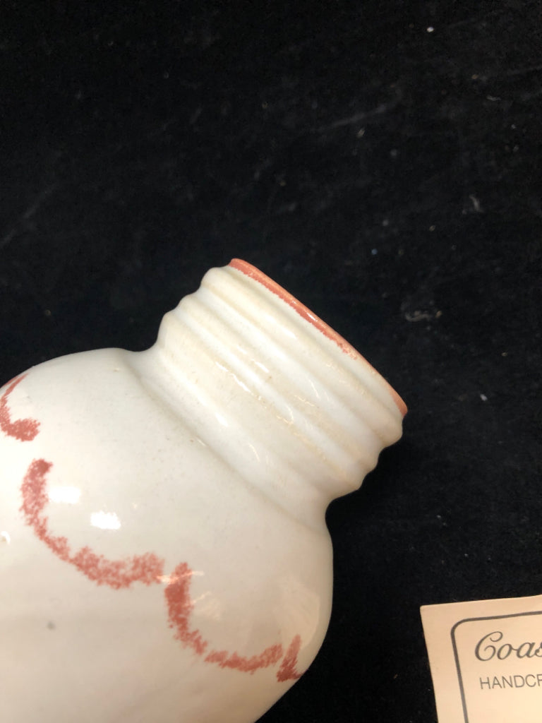 COASTAL CRAFTS STONEWARE VASE W/PINK ACCENTS.