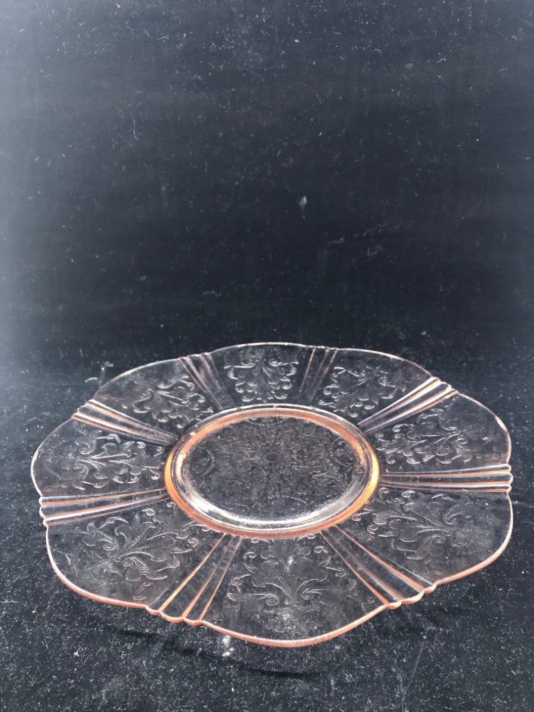 VTG PINK ETCHED GLASS PLATTER.