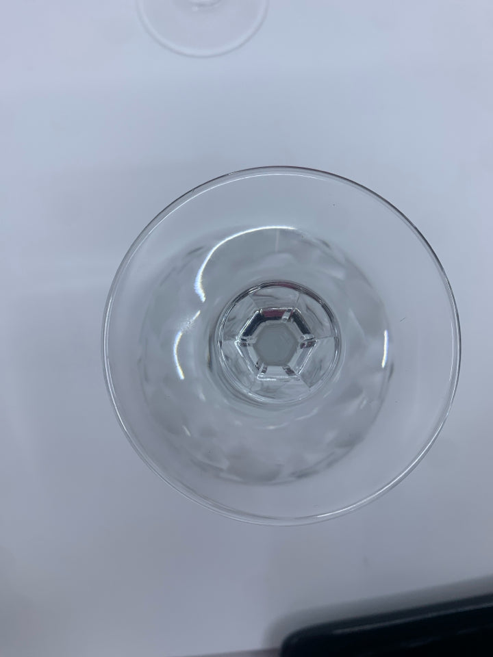 2 CUT GLASS FROSTED COUPE WINE GLASSES.