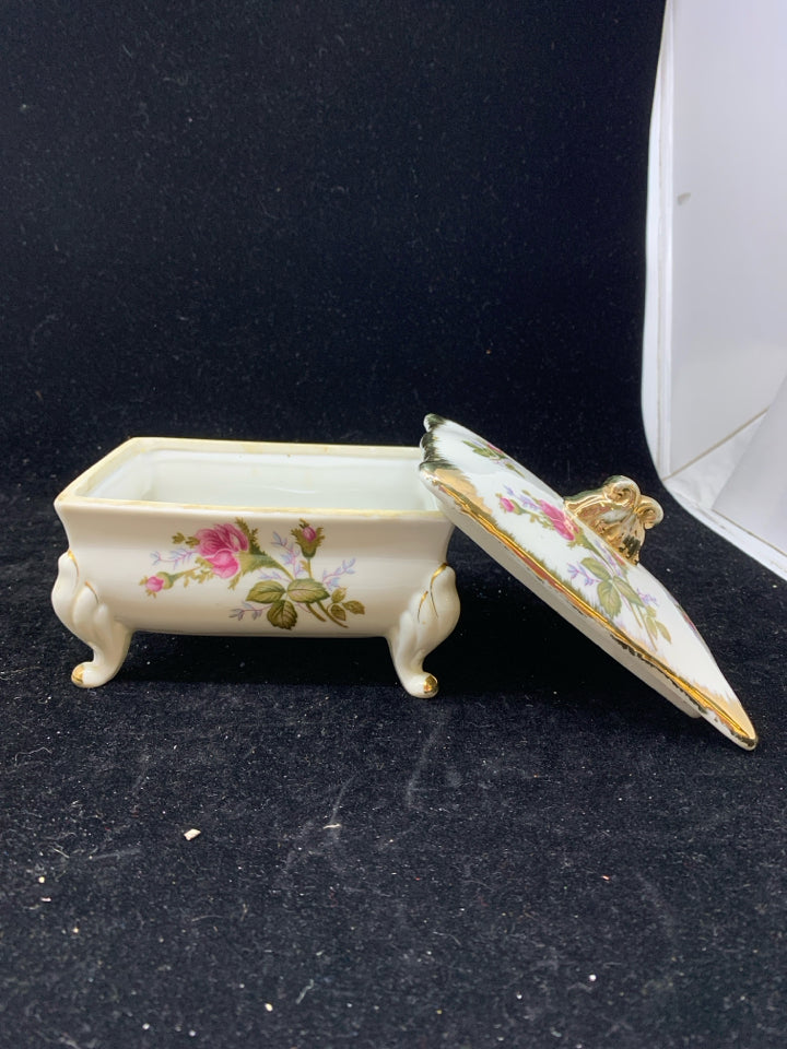 VTG ROSE W GOLD FOOTED TRINKET BOX AND LID.