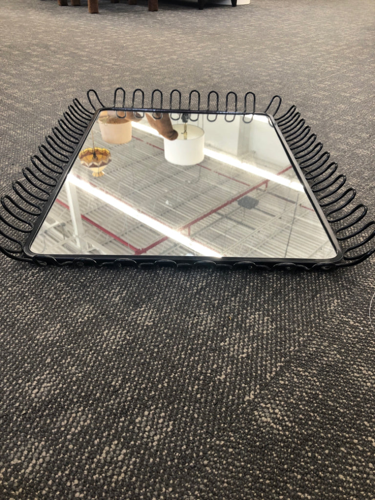 BLACK METAL FRAMED WALL MIRROR.