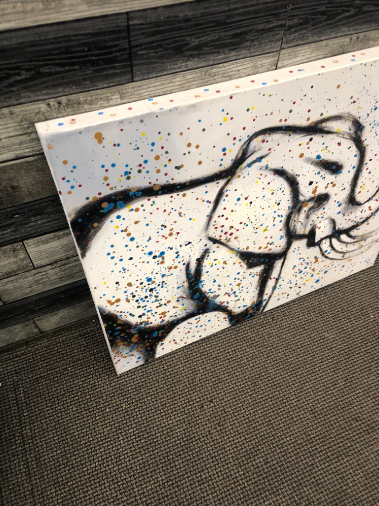 BLACK ELEPHANT ILLUSTRATION CANVAS W/ COLORED POLKA DOTS.