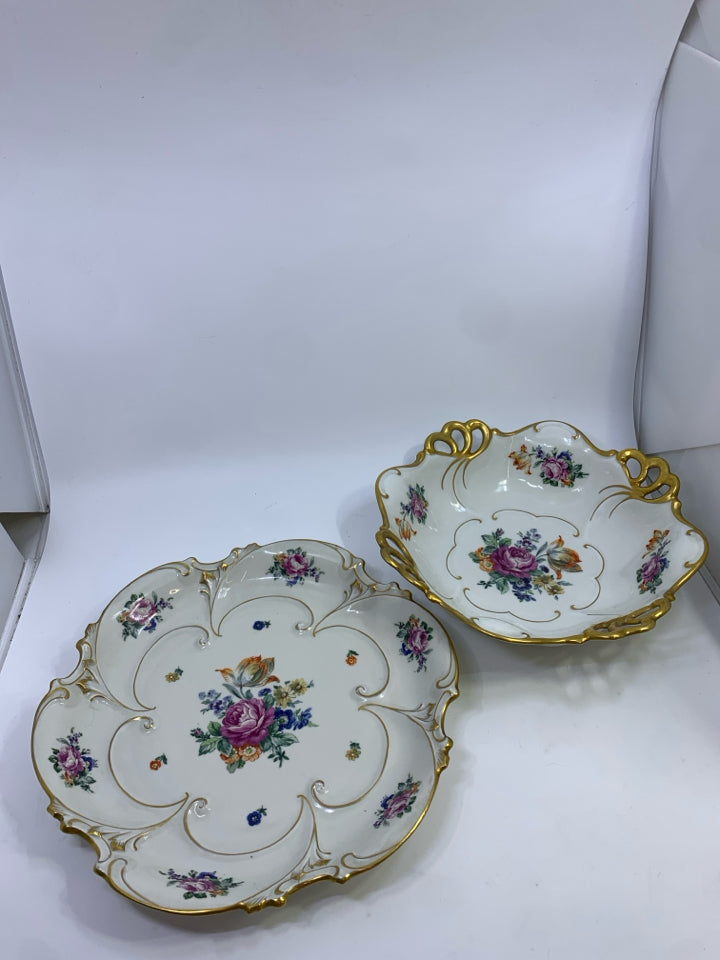 VTG FLORAL PORCELAIN BOWL & DISH SET W/GOLD ACCENTS JLMENAU GRAF VON HENNEBERG.