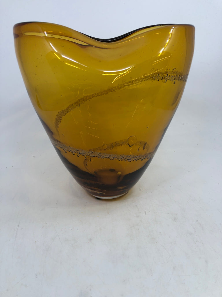 HEAVY BLOWN GLASS AMBER VASE W/ BUBBLES FOLDED NECK.