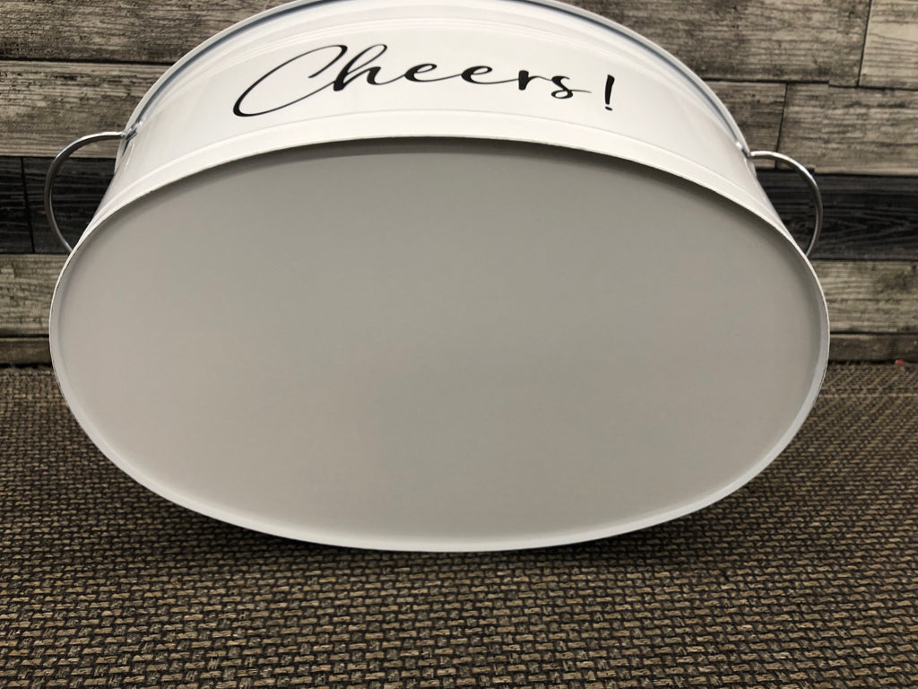 WHITE W SILVER HANDLES "CHEERS" BEVERAGE TUB.