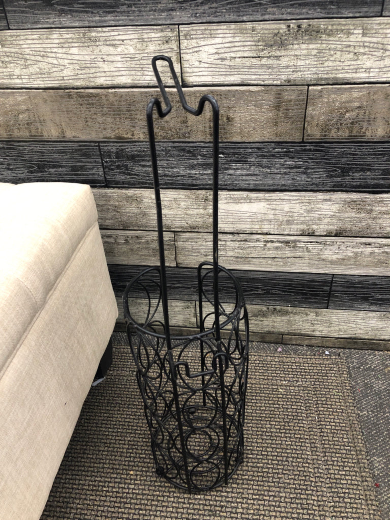 BLACK METAL TOILET PAPER HOLDER W/ EXTRA STORAGE.