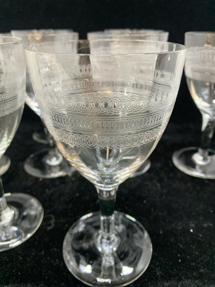 8-VTG ETCHED GOBLET/WINE GLASSES.