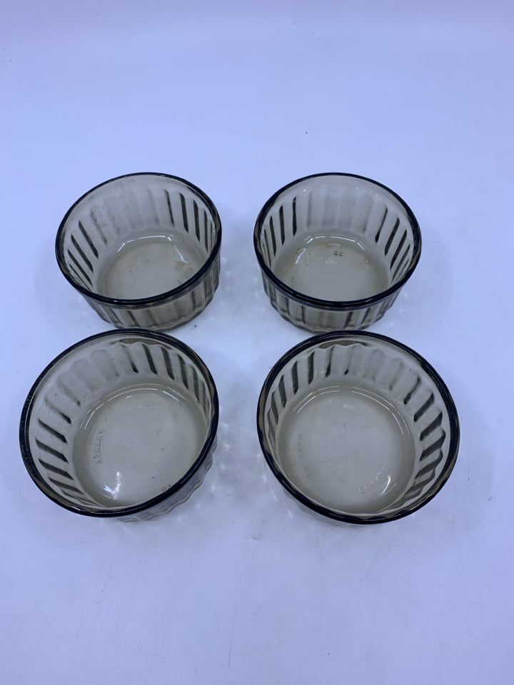 4 BROWN RIBBED GLASS SPICE BOWLS.