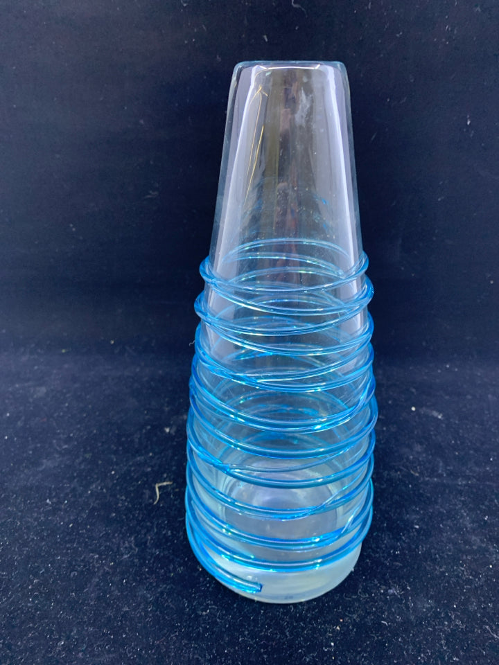 TALL BLUE GLASS RIBBED VASE.