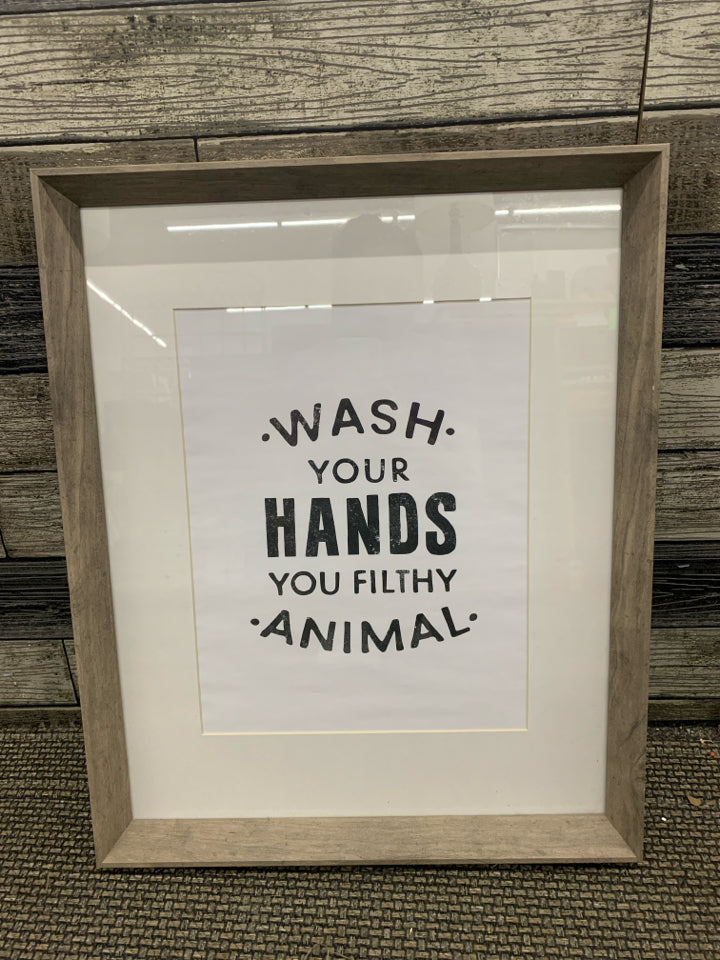 WASH YOUR HANDS-  GREY FRAMED ART.