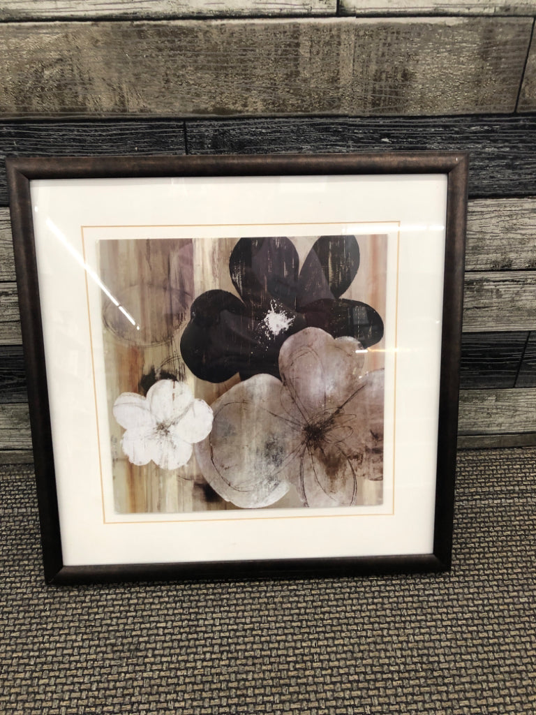 WHITE, BLACK, GREY FLOWERS FRAMED PRINT.