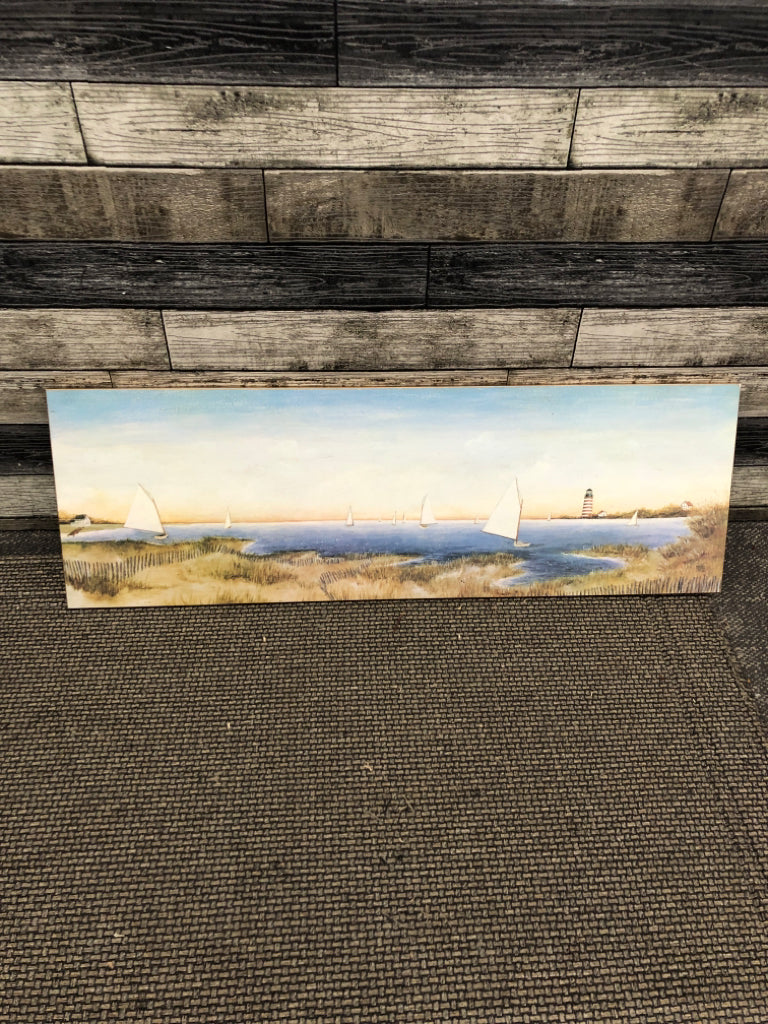 SAILBOATS PAINTED WOOD WALL HANGING.