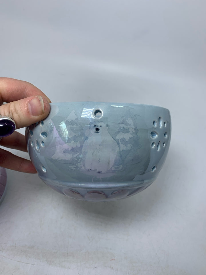IRIDESCENT BLUE PIERCED PFALTZGRAFF 2PC ORNAMENT CANDLE HOLDER.