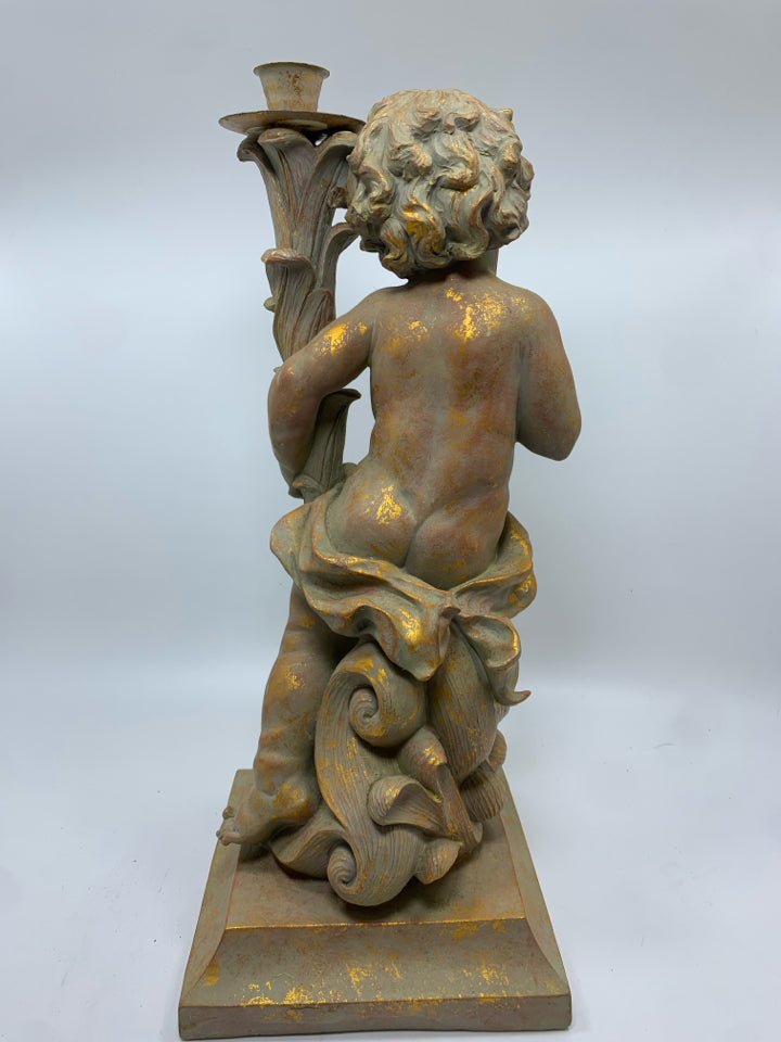 HAND-PAINTED DECOLINE CHERUB CANDLESTICK HOLDER.