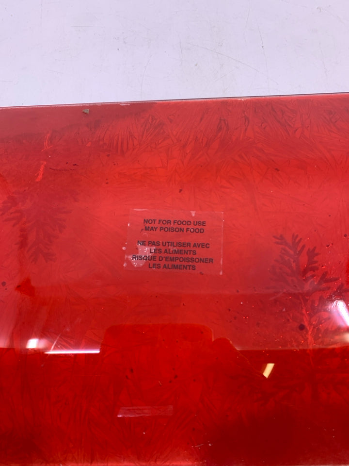 RECTANGLE RED GLASS WHITE GLITTER TREES PLATTER.