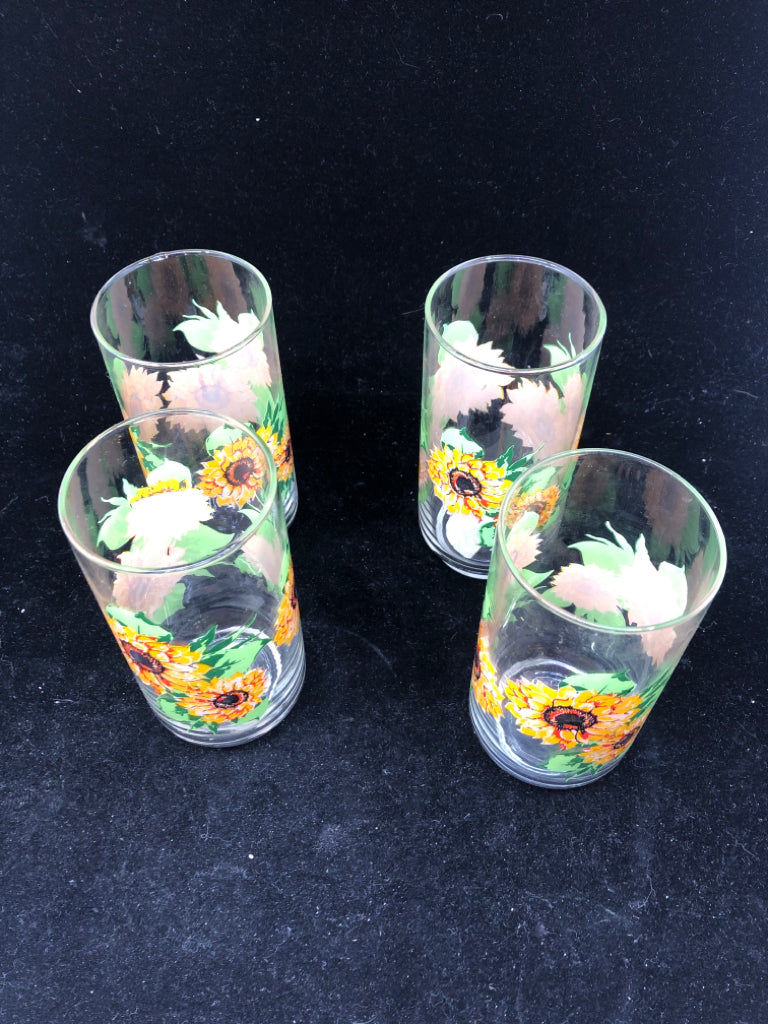 4 SUNFLOWER PRINTED DRINKING GLASSES.