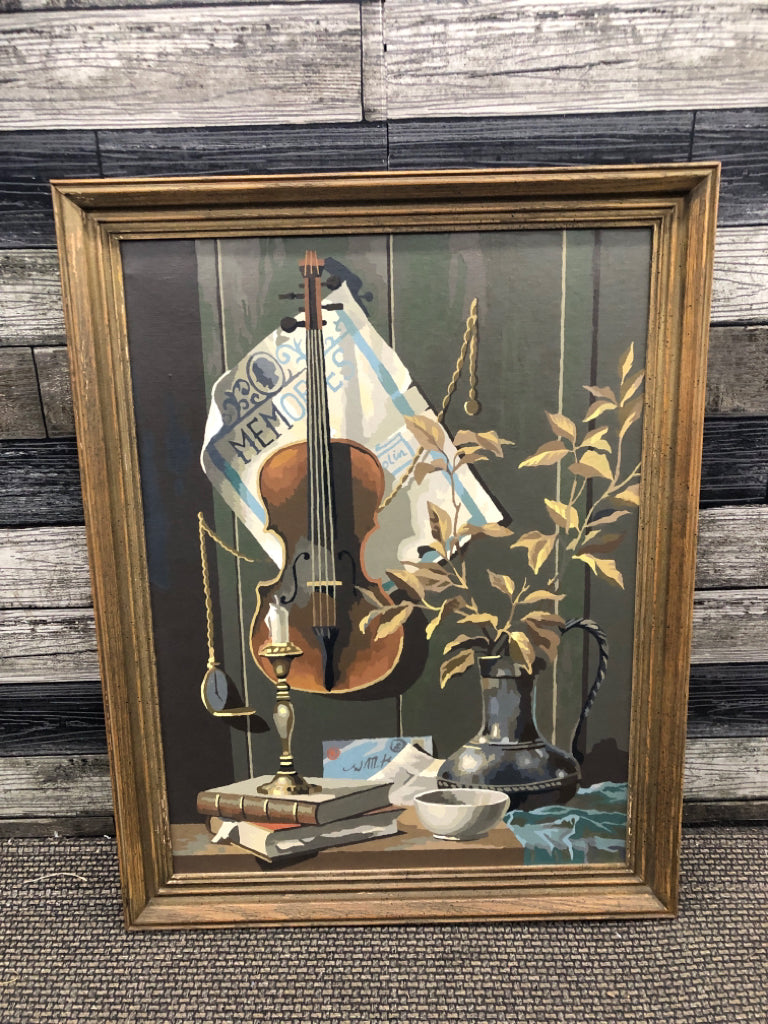 VTG DESK SCENE W VIOLIN IN WOOD FRAME WALL ART.