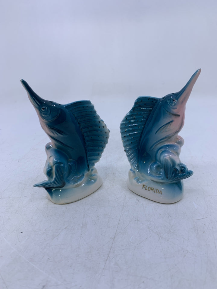 CERAMIC BLUE SWORDFISH S/P SHAKERS.