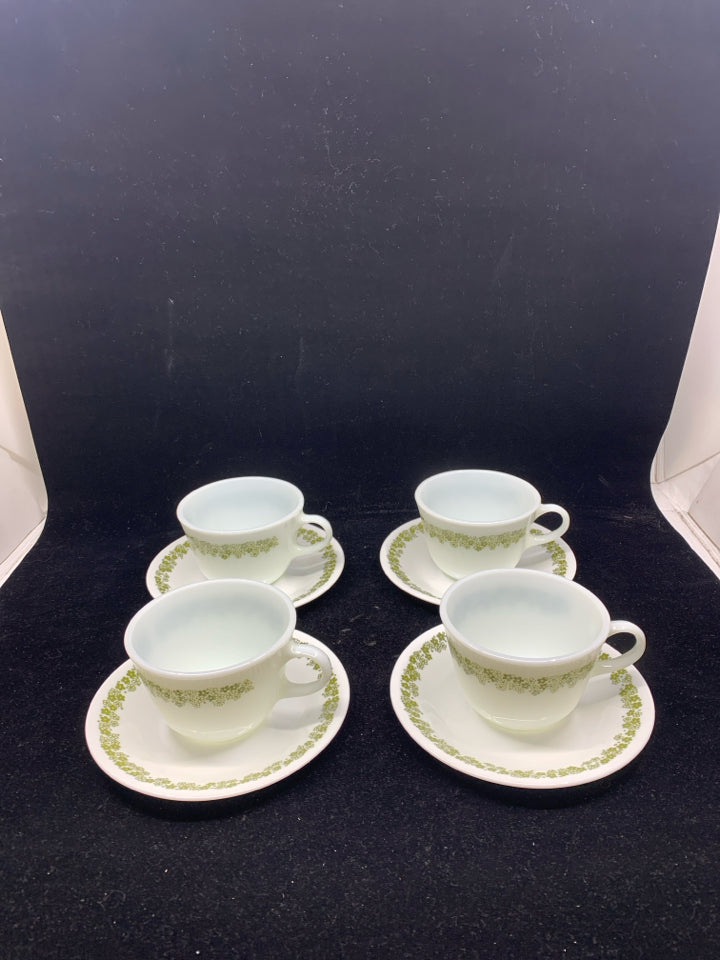 4 VTG PYREX GREEN FLORAL MUGS AND SAUCERS