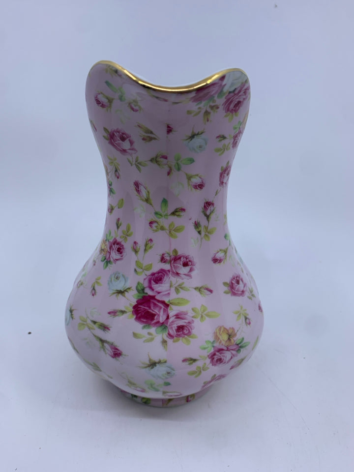 PINK CERAMIC PITCHER W/ COLORED ROSES GOLD EDGE.
