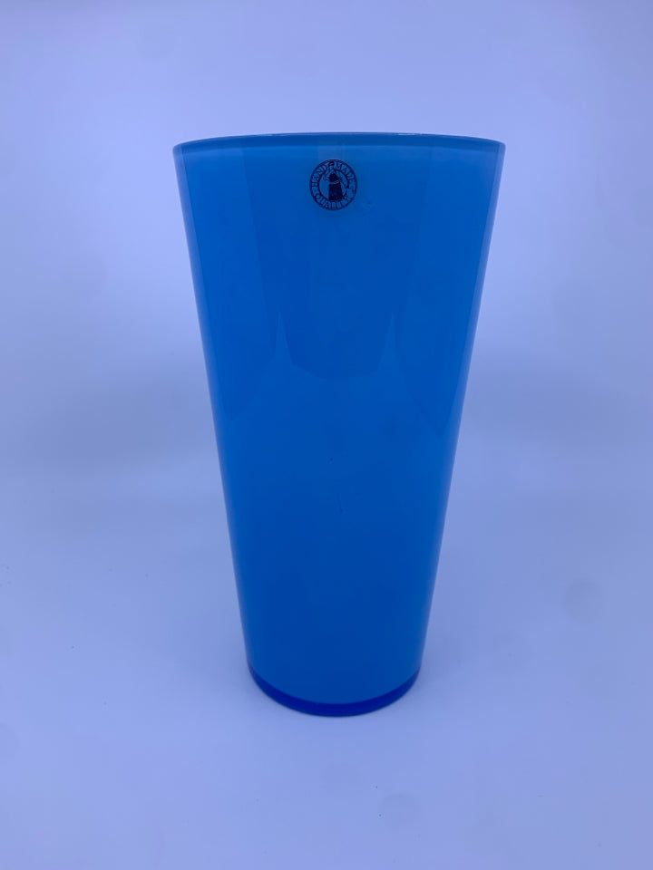 BLUE GLASS VASE W/ WHITE INSIDE.