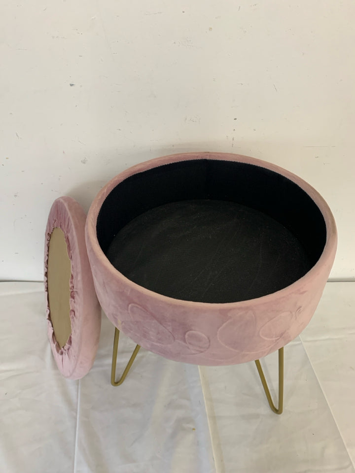 SMALL PINK FABRIC 3 LEGGED STOOL W STORAGE.