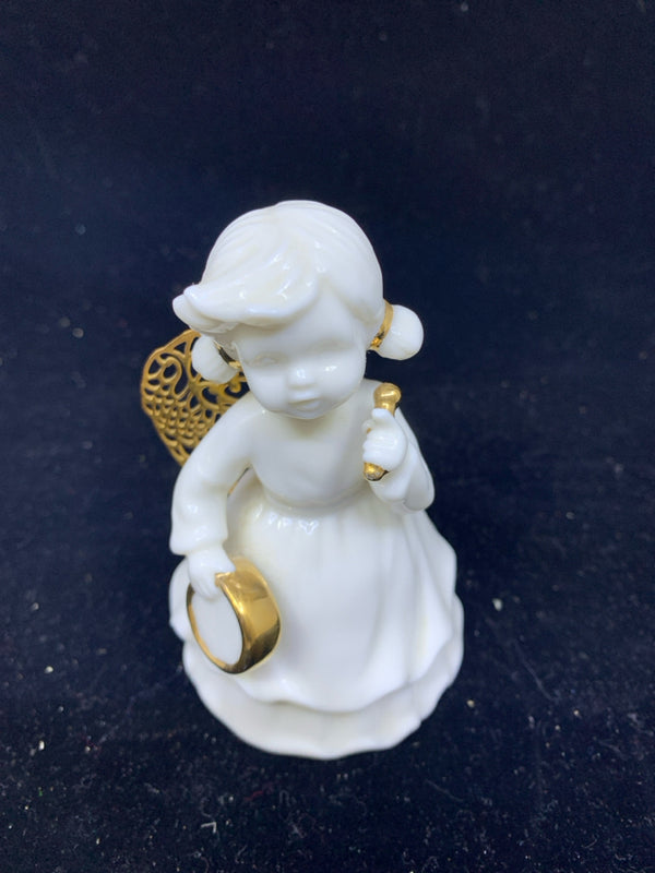 WHITE ANGEL WITH GOLD WINGS AND DRUM.