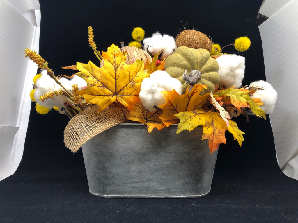 FALL FLORAL ARRANGEMENT IN METAL BUCKET.