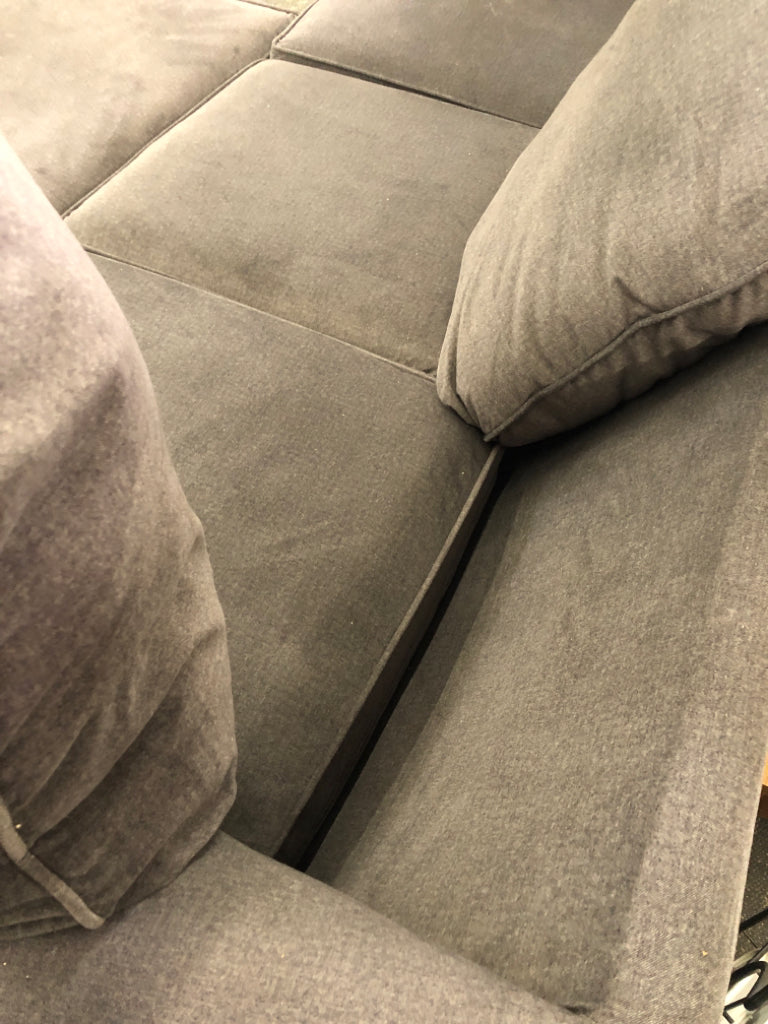 SOFT GRAY SOFA W/OTTOMAN & 3 PILLOWS.