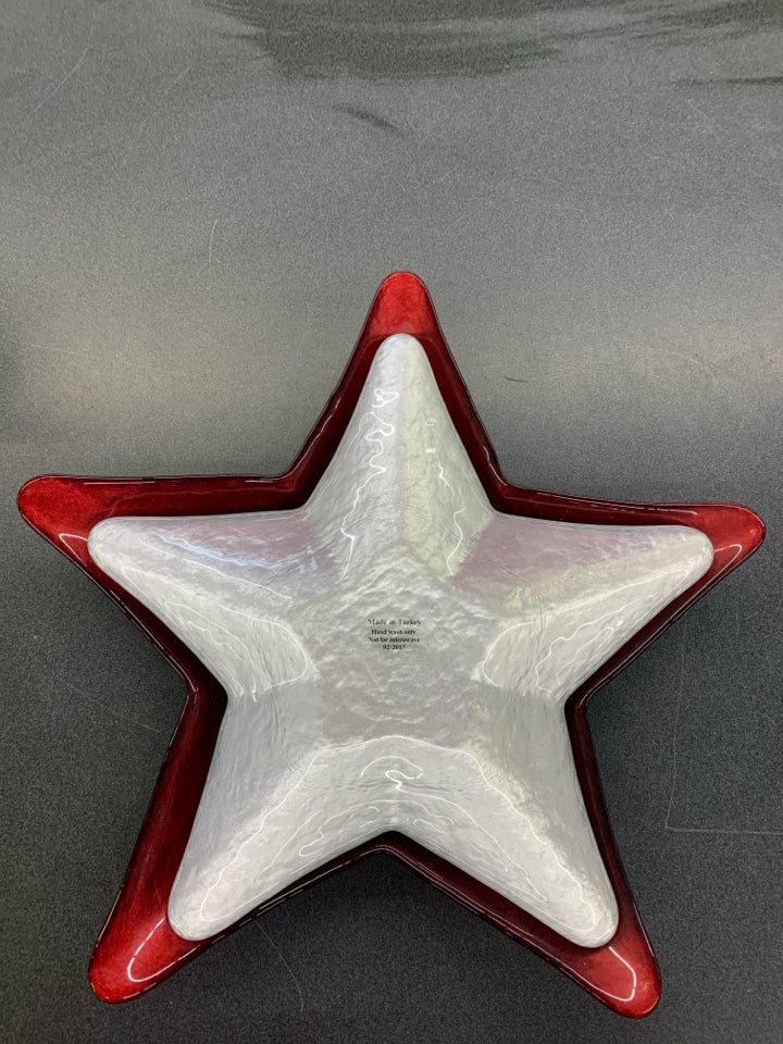2 GLASS STAR SHAPED NESTING BOWLS SILVER/RED.