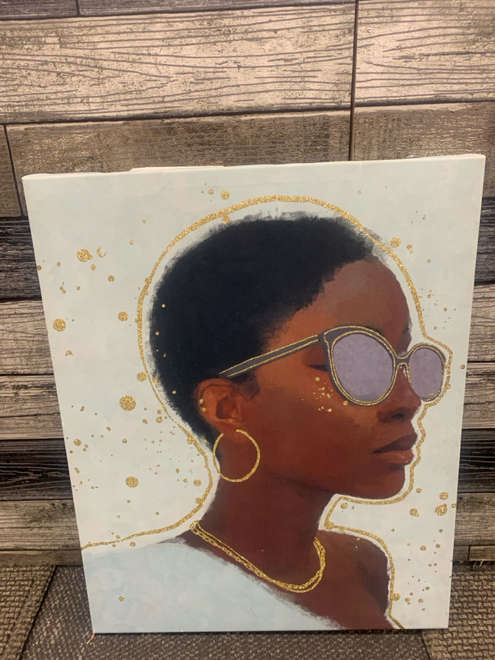WOMAN IN SUNGLASSES GLITTER CANVAS WALL ART.