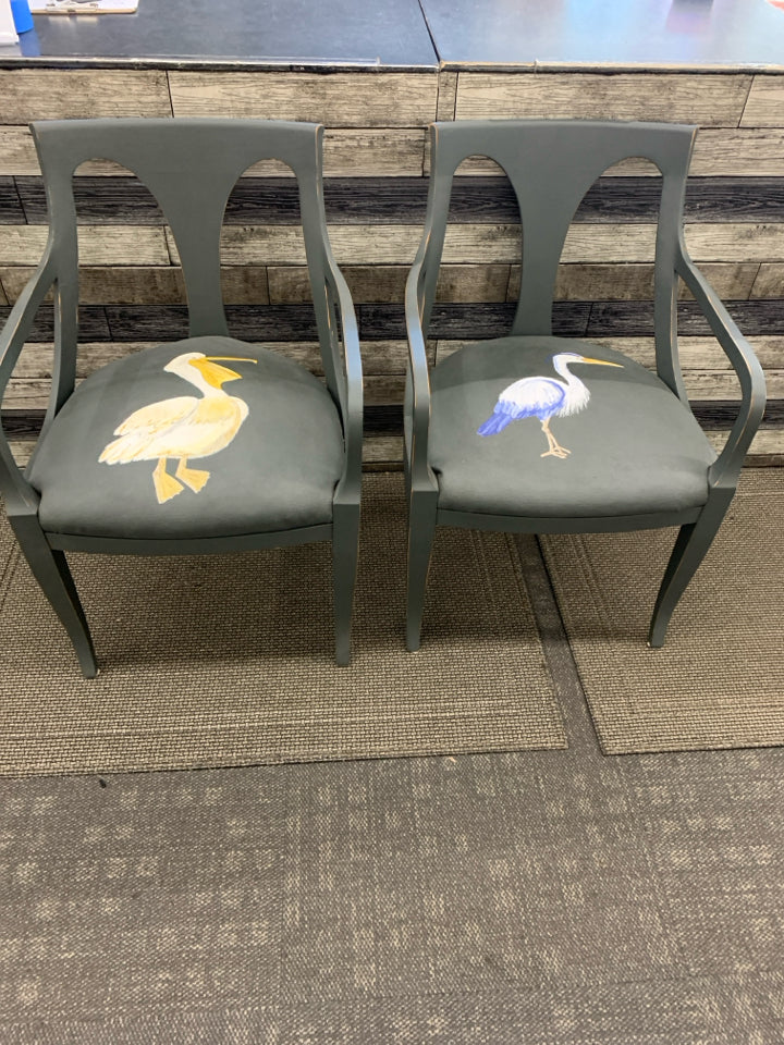 2 REFURBISHED DARK GREY ACCENT CHAIRS W/ PAINTED SEA BIRDS ON SEAT.