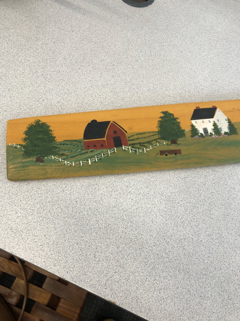PRIMITIVE PAINTED VILLAGE ON WOOD PLANK.