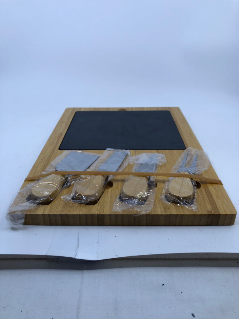 NIP WOODEN CHEESE BOARD W/ 4 SPREADER GREY SLATE INSERT.