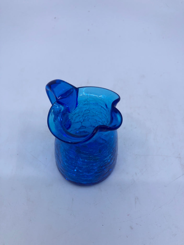 FLARED EDGE BLUE CRACKLE GLASS PITCHER.