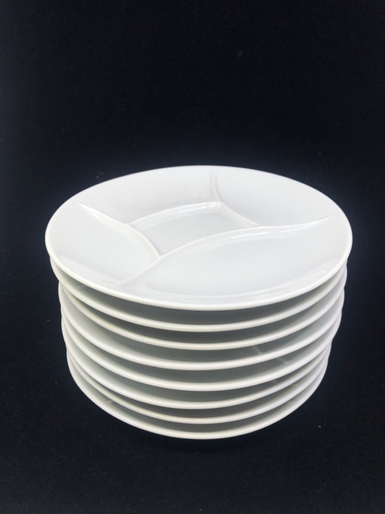 8 WHITE DIVIDED FONDUE PLATES.