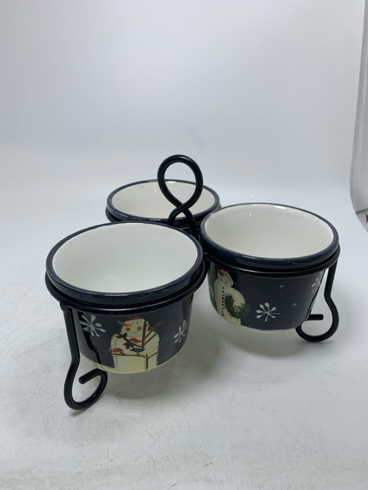 3 SMALL BLACK BOWLS IN STAND SNOWFLAKES SNOWMEN.