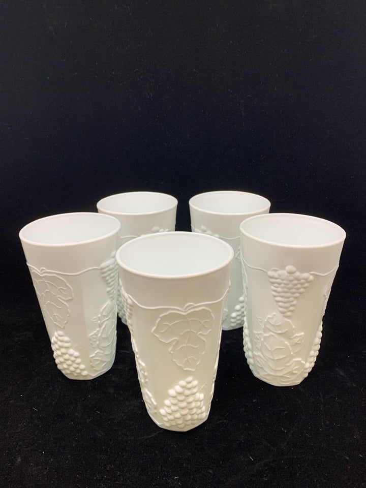 5 VTG MILK GLASS TUMBLERS W/EMBOSSED FRUIT.