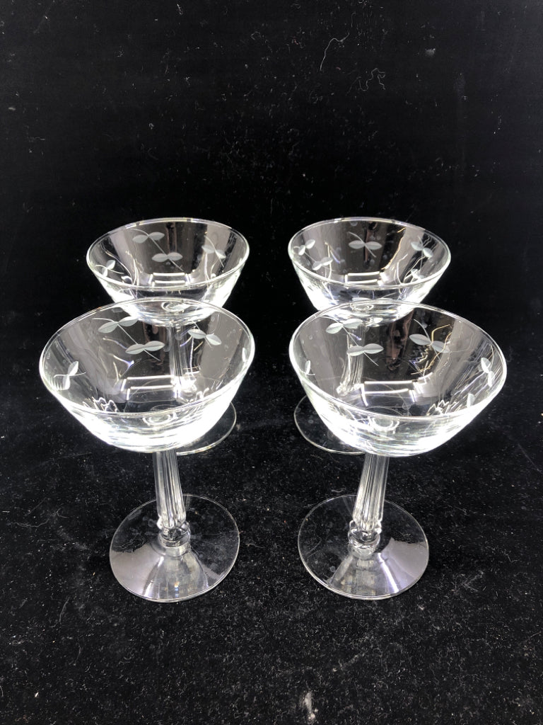 4 TALL ETCHED COUPE GLASSES.