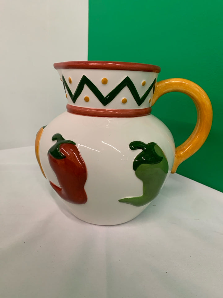 LARGE WHITE CLAY ART PITCHER W CHILI PEPPERS.