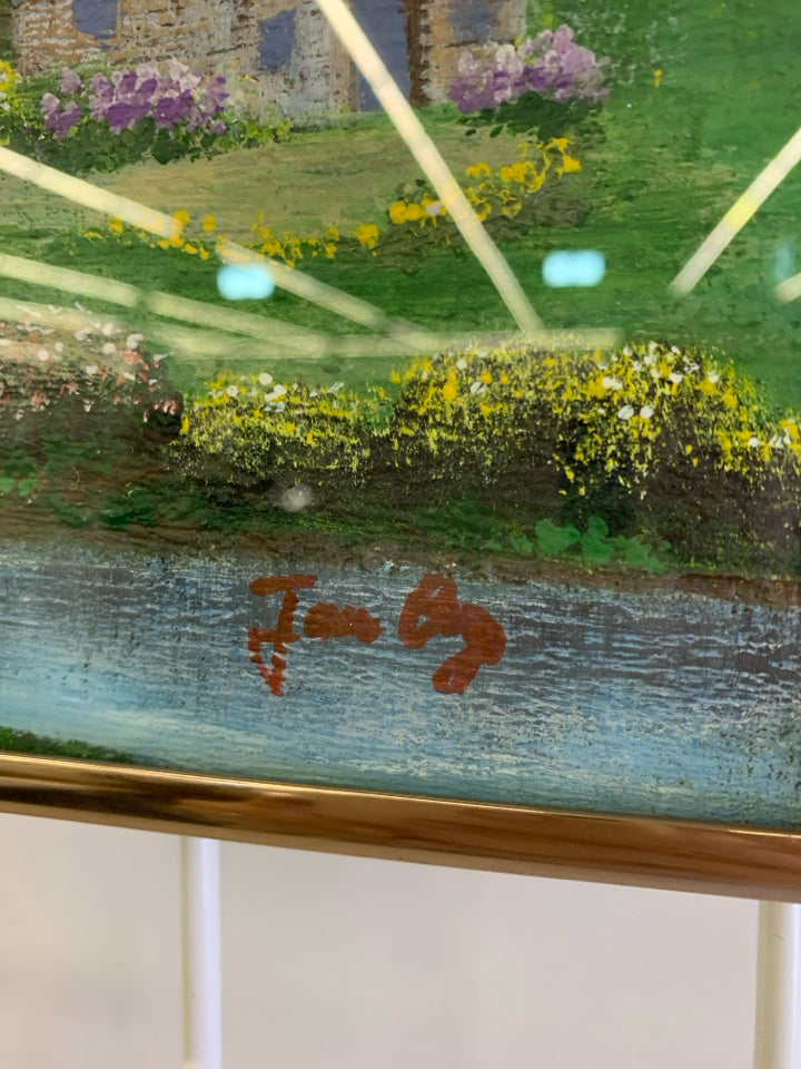 SMALL PAINTED OF COTTAGE W/ SMALL RIVER BLUE SKIES.