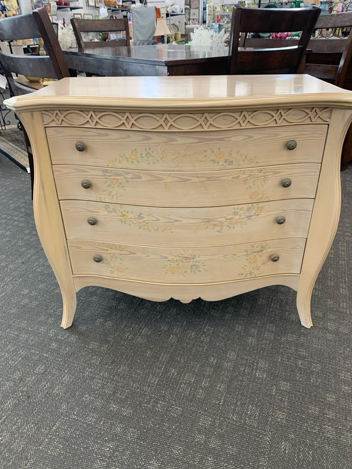 VTG PALE BLONDE DRESSER W 4 DRAWERS AND FLORAL -LEXINGTON.