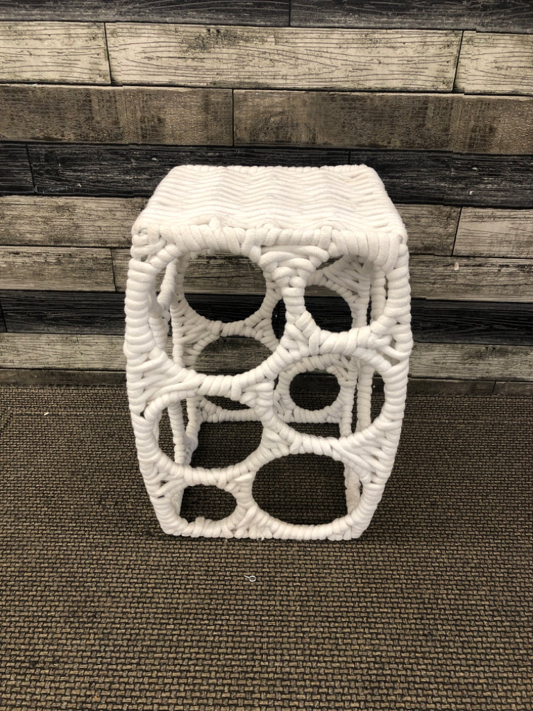 WHITE ROPE-WRAPPED GEOMETRIC ACCENT TABLE.