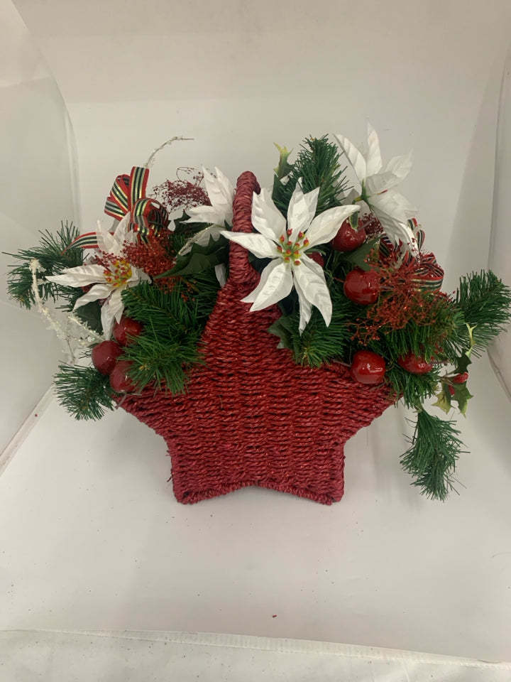 RED STAR BASKET W FAUX WHITE POINSETTIA.