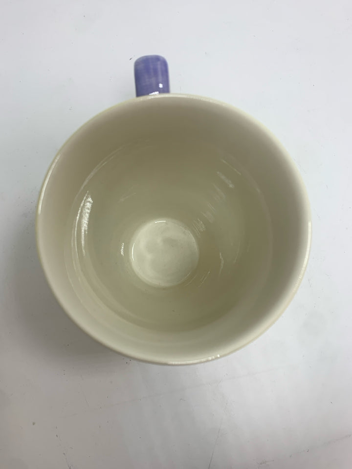 4 PURPLE FLOWER PAINTED COFFEE MUGS.