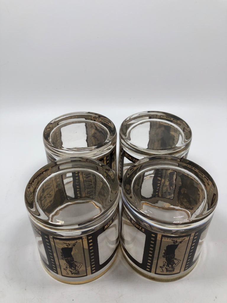 4 "ROARING TWENTIES" SILENT MOVIE STAR LOWBALL WHISKEY GLASSES.