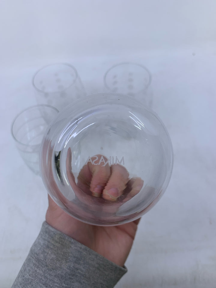 4 STEMLESS ASSORTED DETAILED WINE GLASSES.