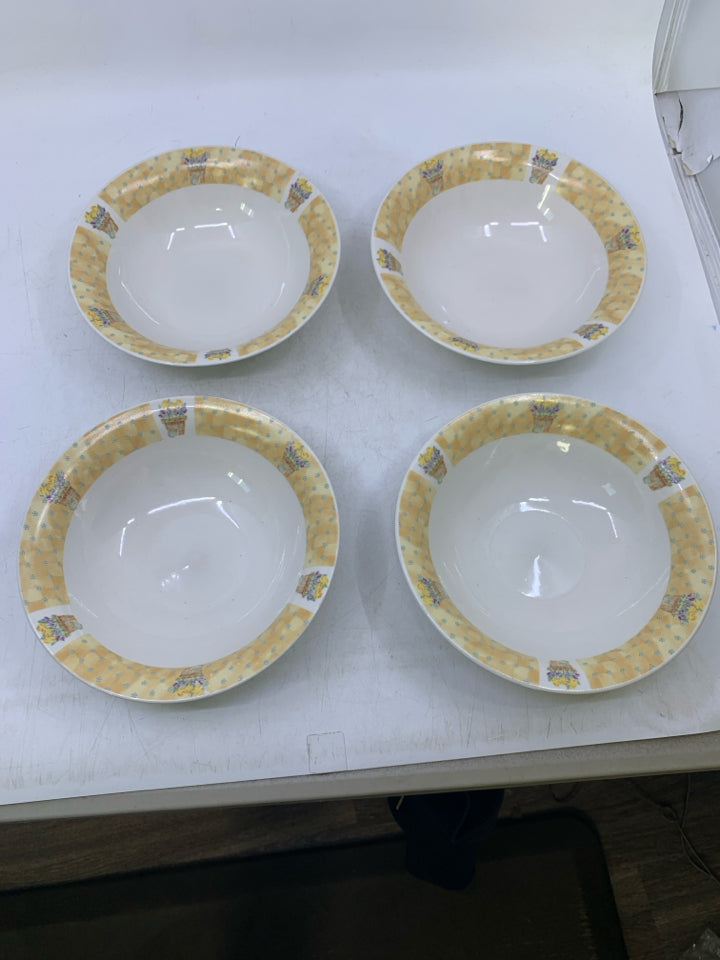 4 CEREAL BOWLS W/ YELLOW RIM W/ PLANTED FLOWERS.